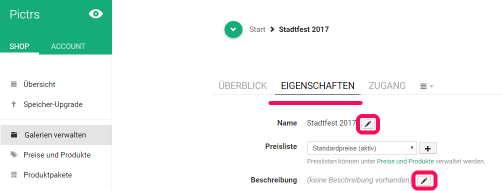 Name und Beschreibung für Fotogalerie anlegen Name und Beschreibung für Fotogalerie anlegen
