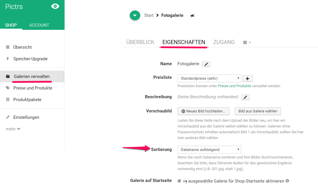 Eigenschaften einer Fotogalerie Eigenschaften einer Fotogalerie