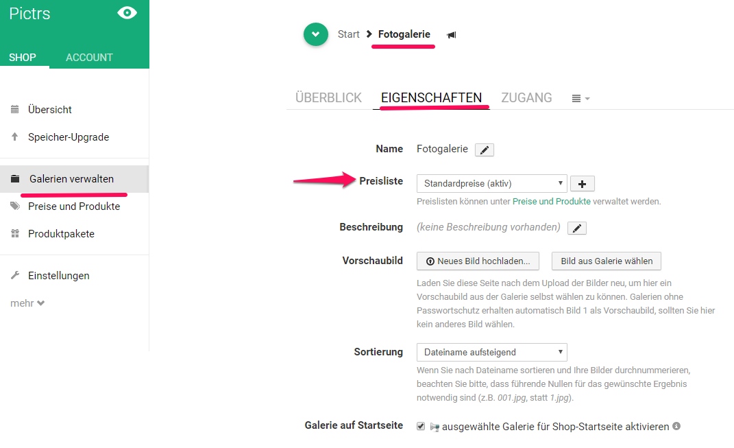 Preisliste für Fotogalerie einstellen Preisliste für Fotogalerie einstellen
