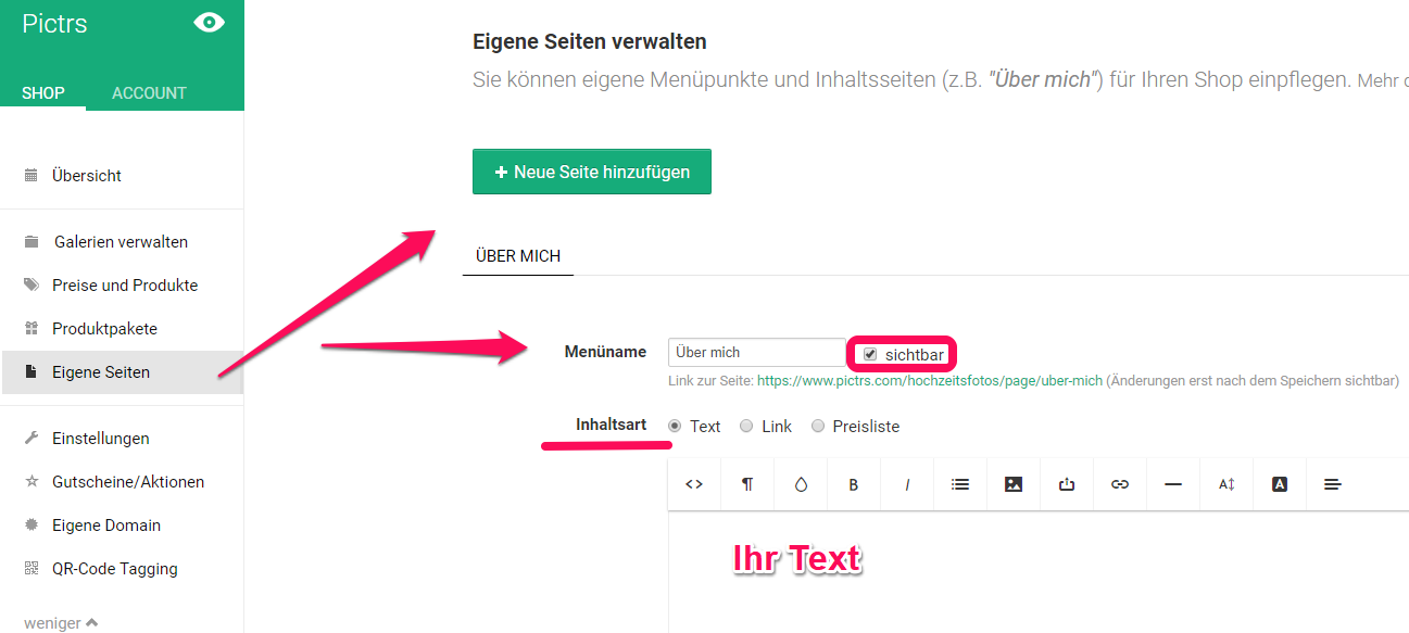 eigene Seite für Fotografenwebsite anlegen eigene Seite für Fotografenwebsite anlegen