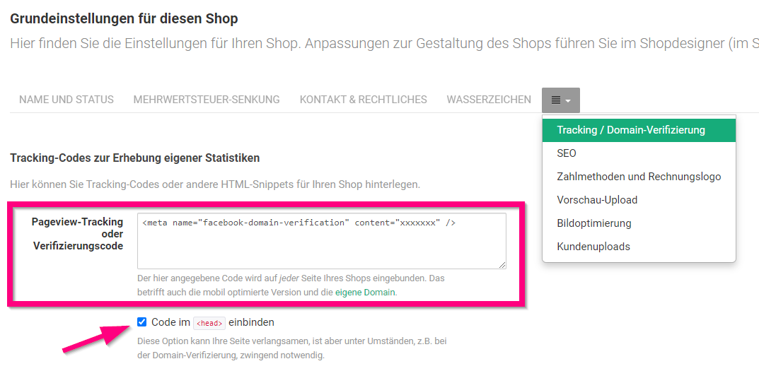Meta-Tag Verifizierung Facebook und Pictrs