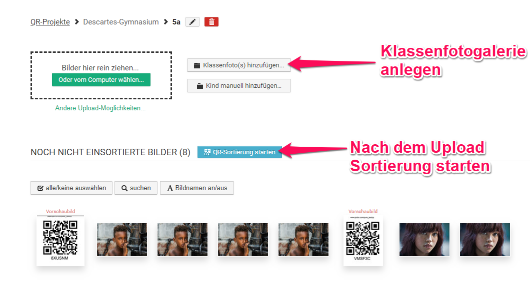 QR-Sortierung der Fotos starten QR-Sortierung der Fotos starten