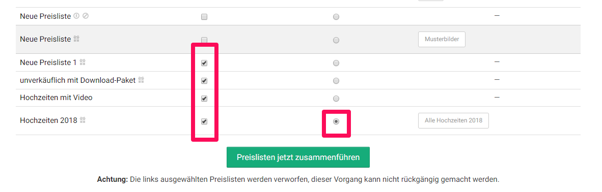 Auswahl treffen und Preislisten zusammenführen