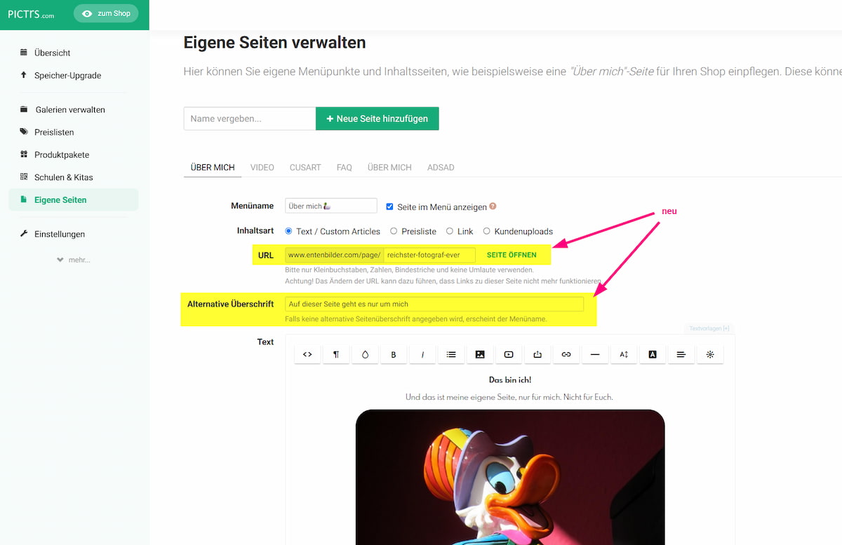 Den Link zu einer eigenen Seite im Shop können Sie auch anpassen