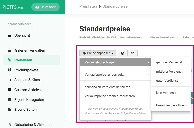 Verdienstvorschläge für den eigene Onlineshop auswählen
