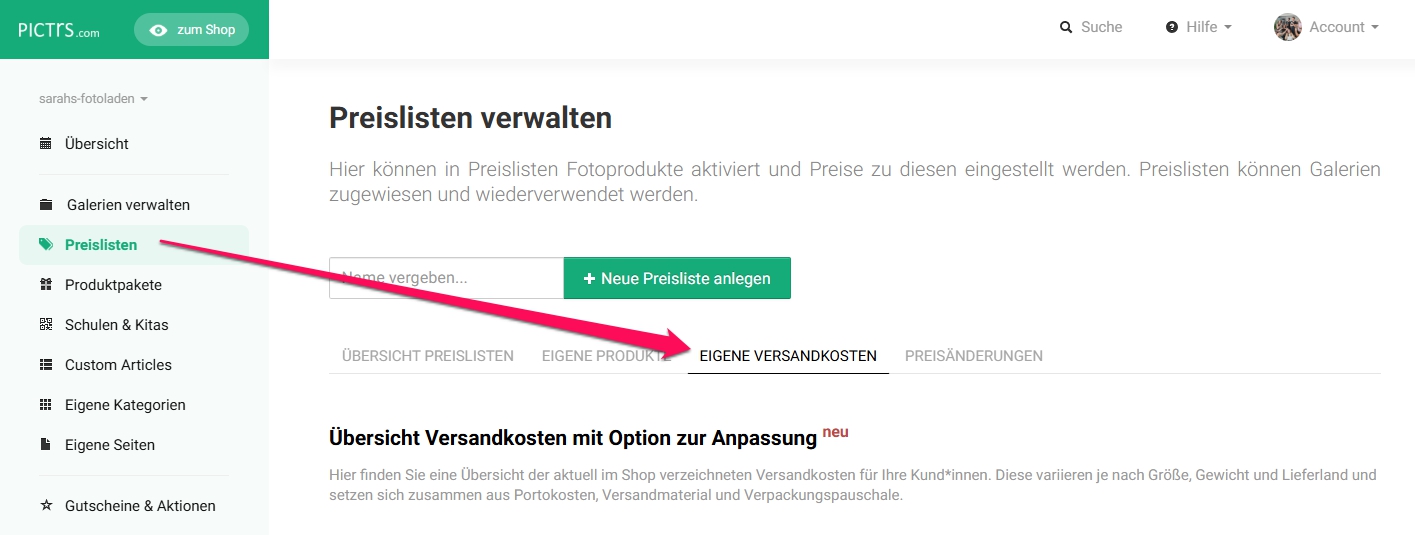 Eigene Versandkosten im Shop einstellen