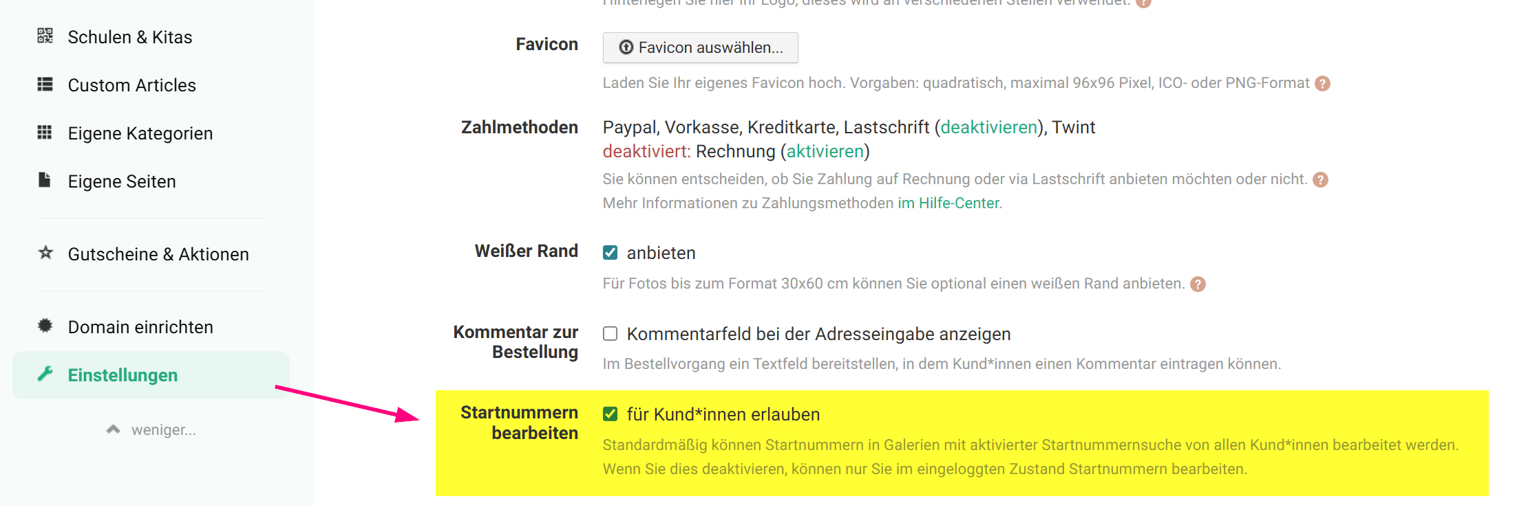 Startnummerneingabe auf Fotos für Dritte freischalten oder deaktivieren