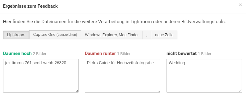 Ergebnisse nach Abstimmung des Kunden in der Feedback-Galerie