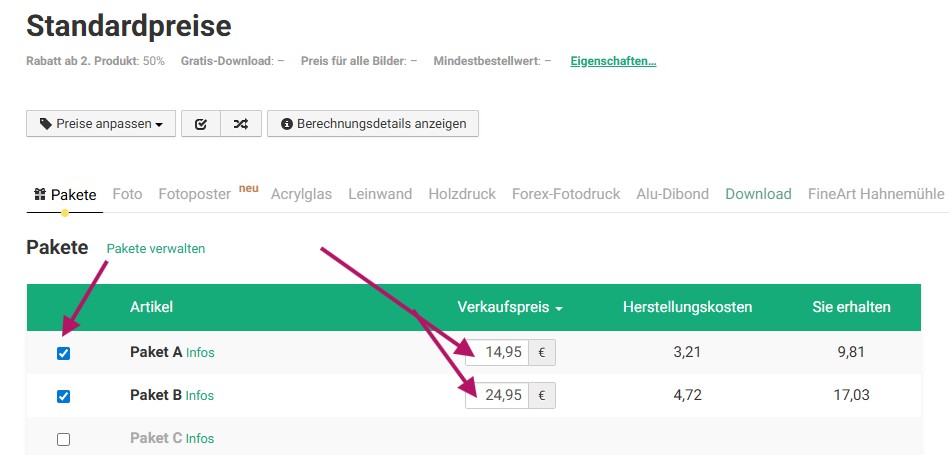Produktpakete in Preisliste aktivieren und Verkaufspreise festlegen