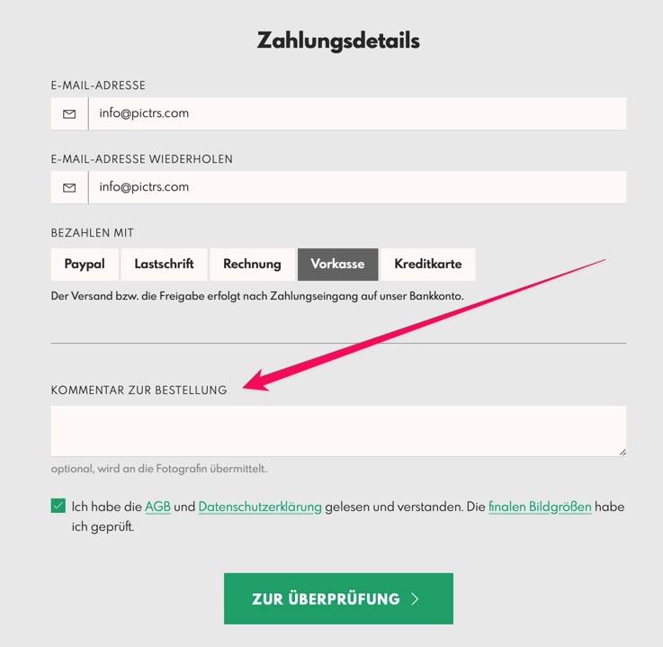 Textfeld für Kommentar an der Bestellung ermöglichen