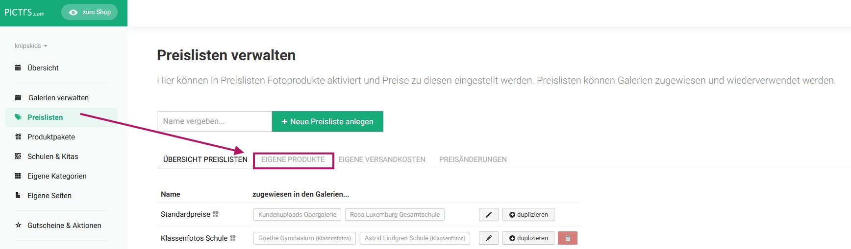 Eigene Produkte im Pictrs-Shop anlegen