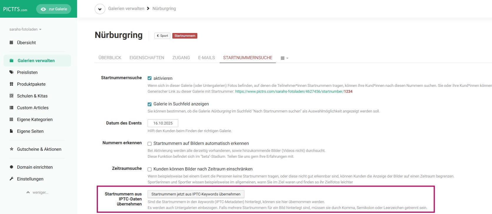 Startnummern beim Upload der Fotos aus IPTC-Daten übernehmen