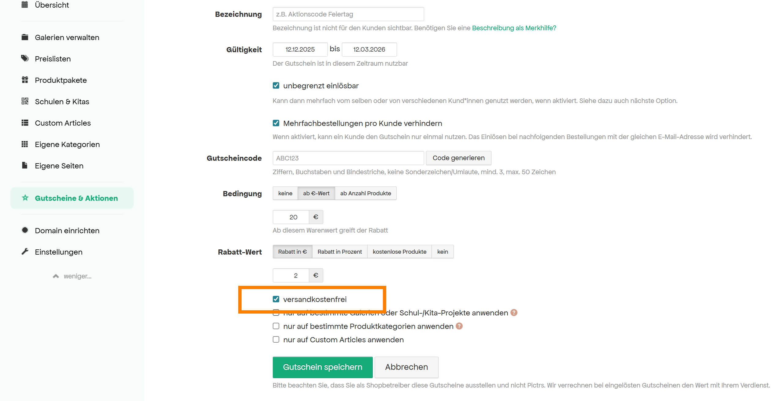 Gutschein über Versandkosten erstellen