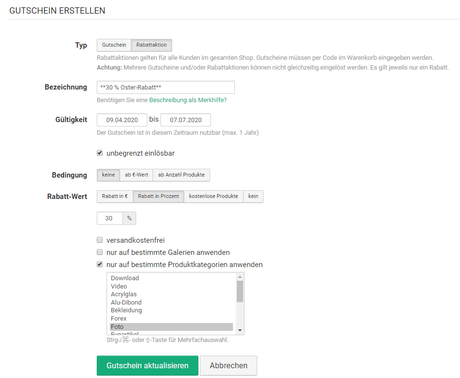Rabattaktion und Gutschein im eigenen Foto-Onlineshop erstellen Rabattaktion und Gutschein im eigenen Foto-Onlineshop erstellen